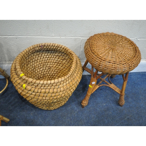 203 - A SELECTION OF WICKER OCCASIONAL FURNITURE, to include a mirror with a shelf, another mirror, two pl... 