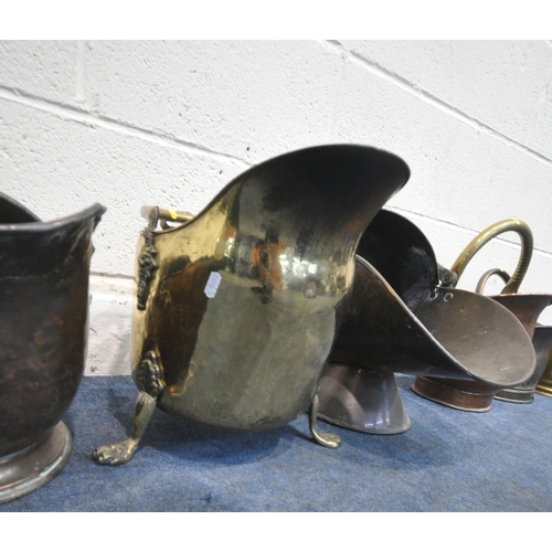 208 - SIX ASSORTED BRASS AND COPPER COAL SCUTTLES, varying in shape, size, style, etc, condition report: a... 