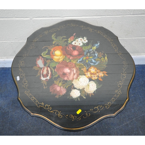 212 - AN EBONISED TRIPOD TABLE, with painted foliate decoration, diameter 70cm x height 61cm, condition re... 