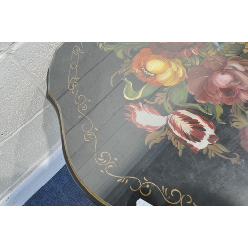 212 - AN EBONISED TRIPOD TABLE, with painted foliate decoration, diameter 70cm x height 61cm, condition re... 