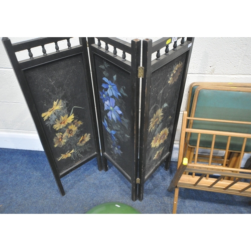 213 - AN EBONISED THREE PANEL FOLDING SCREEN, height 94cm, a pair of folding stools, a green enamel pendan... 