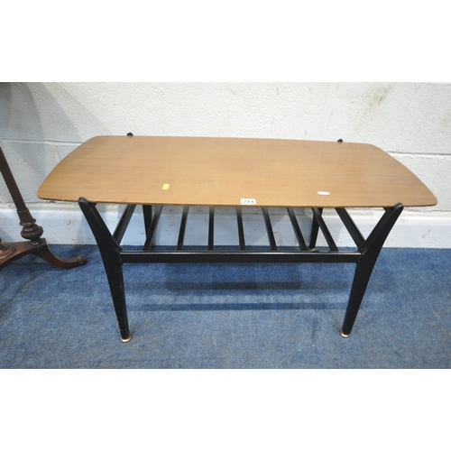 214 - A MID CENTURY TOLA AND BLACK COFFEE TABLE, raised on shaped legs, united by a slatted undershelf, wi... 