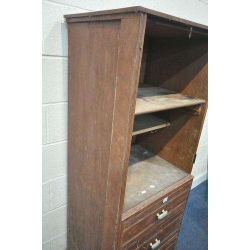 215 - A LATE 19TH/EARLY 20TH CENTURY STAINED PINE CUPBOARD, the missing door encloses one fixed shelf, abo... 