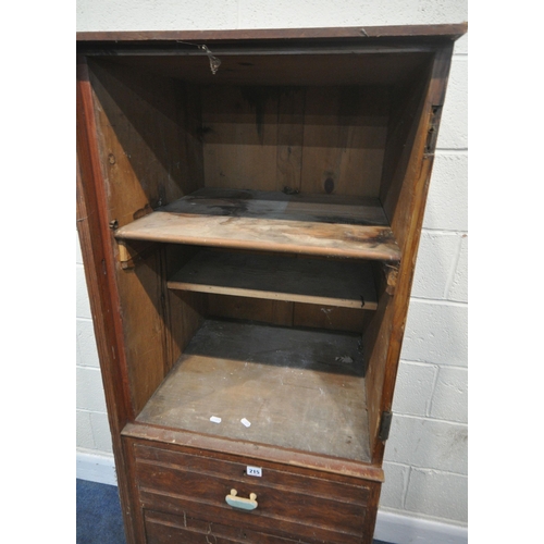 215 - A LATE 19TH/EARLY 20TH CENTURY STAINED PINE CUPBOARD, the missing door encloses one fixed shelf, abo... 