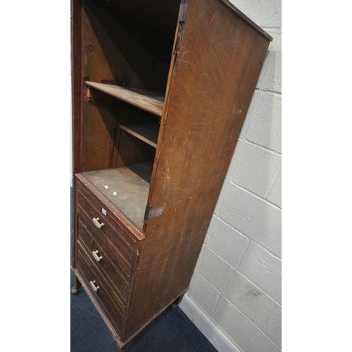 215 - A LATE 19TH/EARLY 20TH CENTURY STAINED PINE CUPBOARD, the missing door encloses one fixed shelf, abo... 