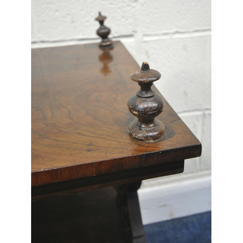 224 - A VICTORIAN AND LATER ROSEWOOD TWO TIER TABLE, with four finials, scrolled decorative ends, raised o... 