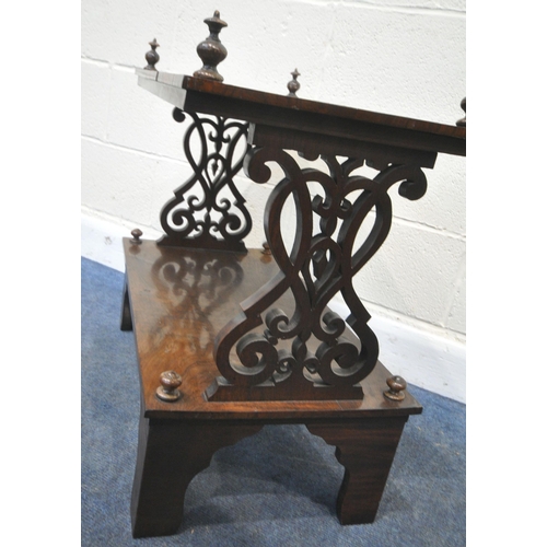 224 - A VICTORIAN AND LATER ROSEWOOD TWO TIER TABLE, with four finials, scrolled decorative ends, raised o... 