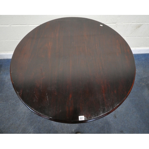 227 - A LATE VICTORIAN MAHOGANY CIRCULAR TILT TOP TRIPOD TABLE, diameter 102cm x height 76cm, condition re... 