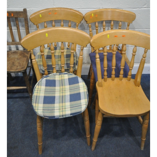 230 - A SET OF FOUR BEECH CHAIRS, along with three odd chairs, condition report: all with imperfections, s... 