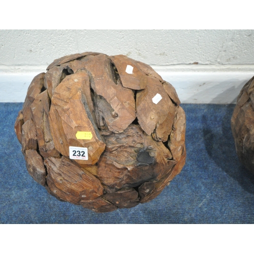 232 - A NEAR PAIR OF TEAK DRIFTWOOD DECORATIVE SPHERES, approximate diameter 41cm, condition report: overa... 