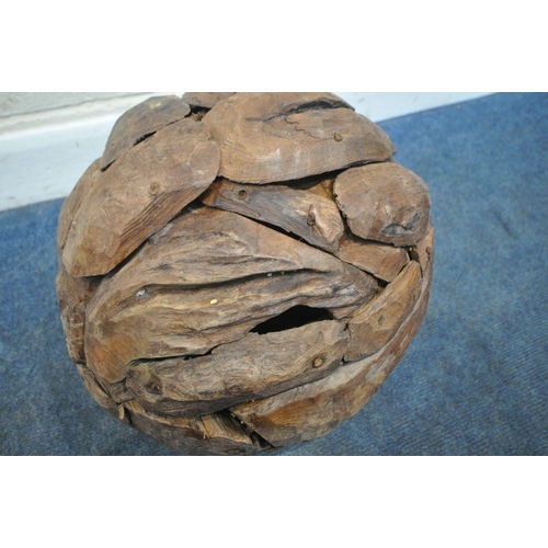 232 - A NEAR PAIR OF TEAK DRIFTWOOD DECORATIVE SPHERES, approximate diameter 41cm, condition report: overa... 