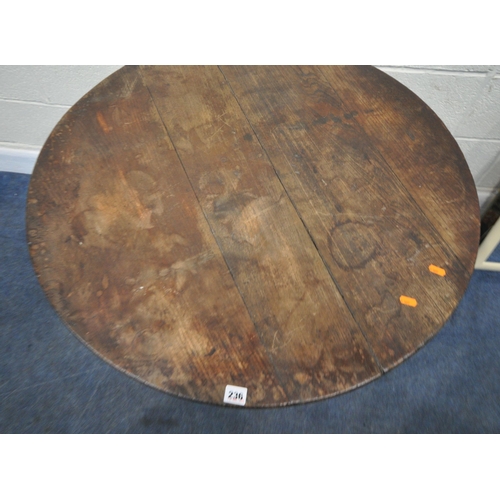 236 - A GEORGIAN OAK CIRCULAR TILT TOP TRIPOD TABLE, diameter 87cm x height 72cm, condition report: histor... 