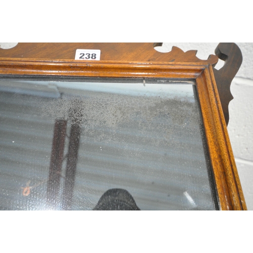 238 - A 19TH CENTURY MAHOGANY FRETWORK WALL MIRROR, 42cm x 62cm, condition report: foxing and losses to th... 