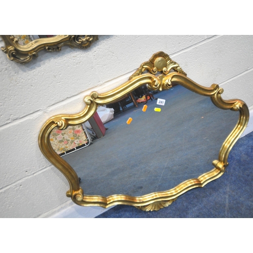 241 - TWO GILT FRAME WALL MIRRORS, both with scrolled details, largest 91cm x depth 72cm, condition report... 