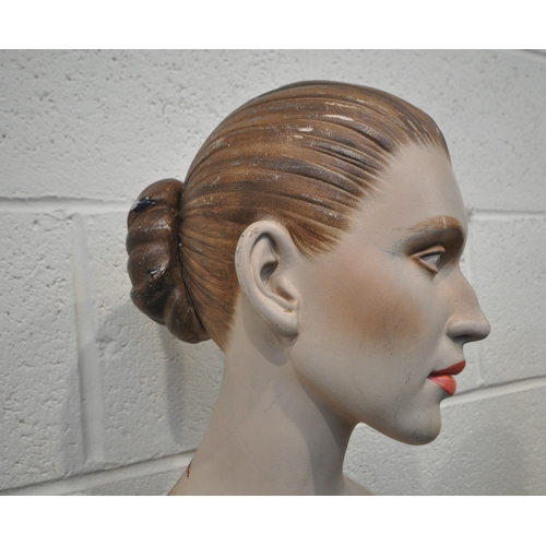 243 - THREE MID-CENTURY FULL SIZE FEMALE MANNEQUINS, one with painted hair, the others without, tallest 18... 