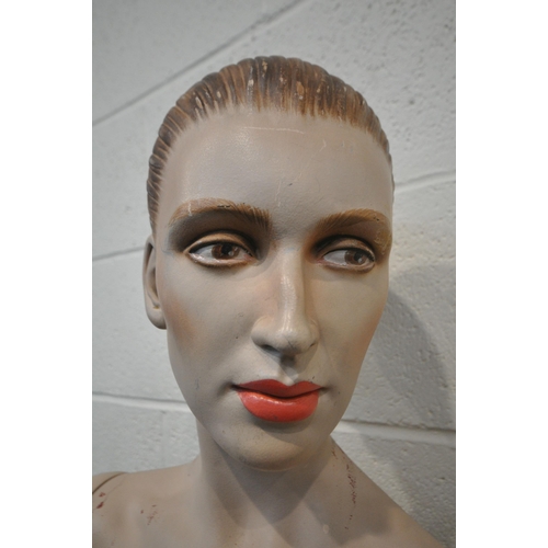 243 - THREE MID-CENTURY FULL SIZE FEMALE MANNEQUINS, one with painted hair, the others without, tallest 18... 