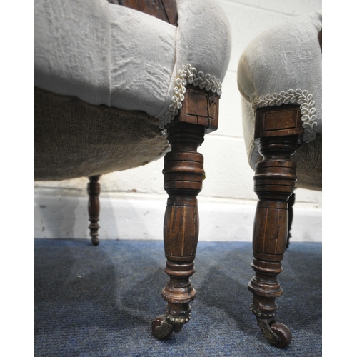 245 - A PAIR OF EARLY VICTORIAN ROSEWOOD TUB CHAIRS, with a curved buttoned back, open armrests, central d... 