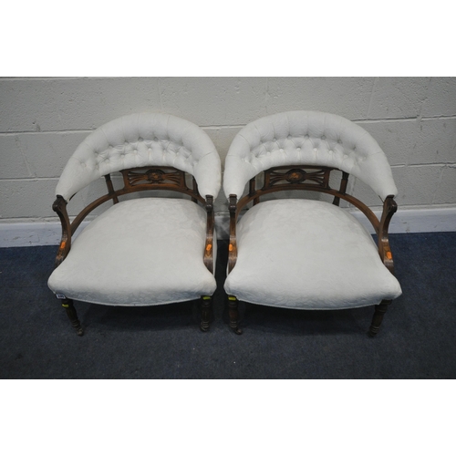 245 - A PAIR OF EARLY VICTORIAN ROSEWOOD TUB CHAIRS, with a curved buttoned back, open armrests, central d... 