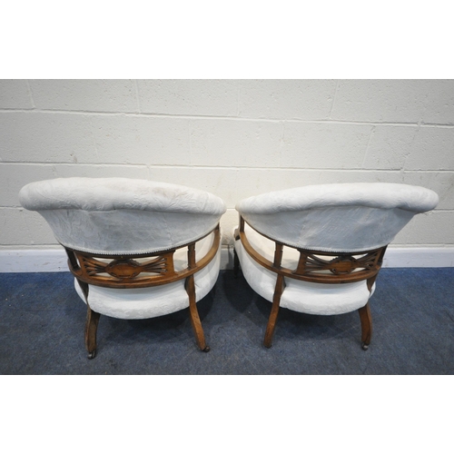 245 - A PAIR OF EARLY VICTORIAN ROSEWOOD TUB CHAIRS, with a curved buttoned back, open armrests, central d... 