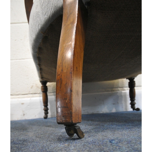 245 - A PAIR OF EARLY VICTORIAN ROSEWOOD TUB CHAIRS, with a curved buttoned back, open armrests, central d... 