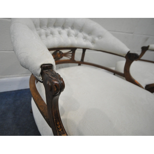 245 - A PAIR OF EARLY VICTORIAN ROSEWOOD TUB CHAIRS, with a curved buttoned back, open armrests, central d... 