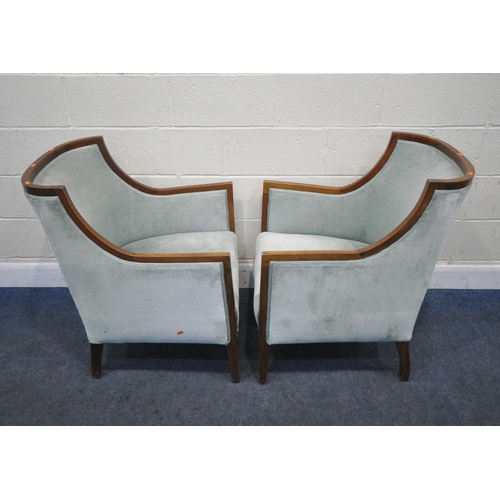 246 - A PAIR OF EDWARDIAN MAHOGANY FRAMED ARMCHAIRS, with a curved backrest, teal upholstery, raised on sq... 