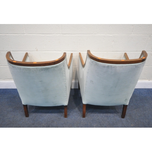 246 - A PAIR OF EDWARDIAN MAHOGANY FRAMED ARMCHAIRS, with a curved backrest, teal upholstery, raised on sq... 