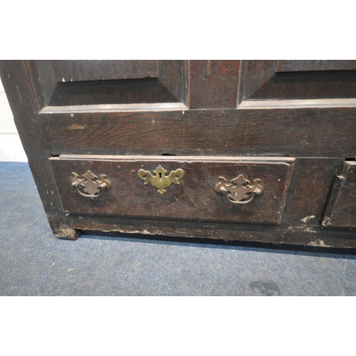 247 - A GEORGIAN OAK PANELLED COFFER, with a hinged lid, and two drawers, width 123cm x depth 56cm x heigh... 