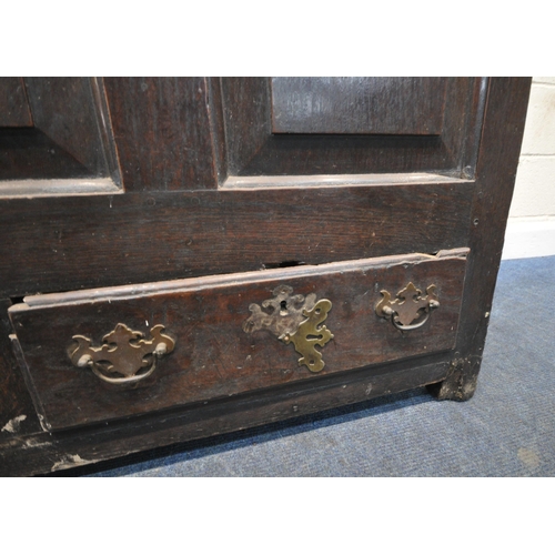 247 - A GEORGIAN OAK PANELLED COFFER, with a hinged lid, and two drawers, width 123cm x depth 56cm x heigh... 