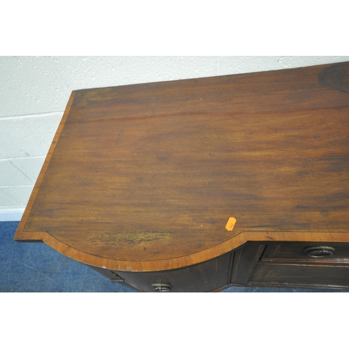 248 - AN EARLY 20TH CENTURY MAHOGANY DOUBLE BOW FRONT SIDEBOARD, fitted with a single drawer, a fall front... 