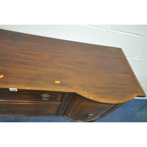 248 - AN EARLY 20TH CENTURY MAHOGANY DOUBLE BOW FRONT SIDEBOARD, fitted with a single drawer, a fall front... 