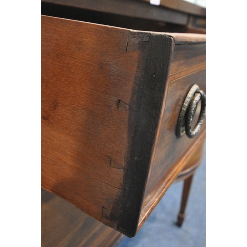 248 - AN EARLY 20TH CENTURY MAHOGANY DOUBLE BOW FRONT SIDEBOARD, fitted with a single drawer, a fall front... 