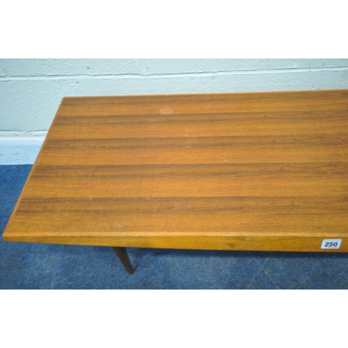 250 - GORDON RUSSELL, A MID CENTURY TEAK RECTANGULAR COFFEE TABLE, raised on tapered legs, width 122cm x d... 