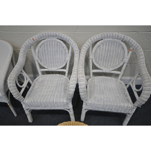 255 - A PAIR OF WHITE PAINTED WICKER ARMCHAIRS, another white painted chair, along with two unpainted tabl... 