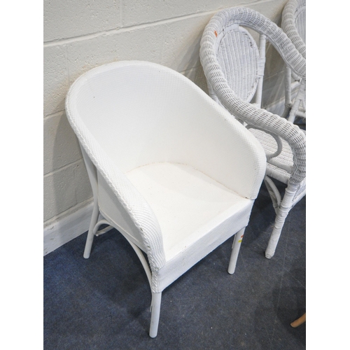 255 - A PAIR OF WHITE PAINTED WICKER ARMCHAIRS, another white painted chair, along with two unpainted tabl... 