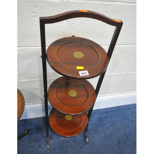 263 - FOUR PIECES OF 20TH CENTURY MAHOGANY OCCASIONAL FURNITURE, to including a folding cake stand, with t... 