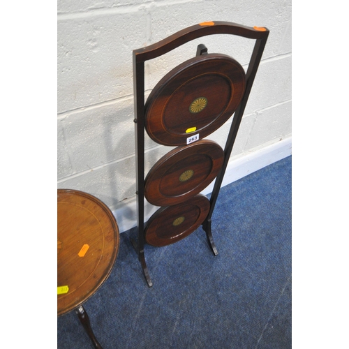 263 - FOUR PIECES OF 20TH CENTURY MAHOGANY OCCASIONAL FURNITURE, to including a folding cake stand, with t... 