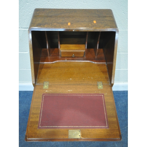 264 - A 20TH CENTURY MAHOGANY AND BURR WALNUT BUREAU, the fall front door enclosing a fitted interior, ove... 