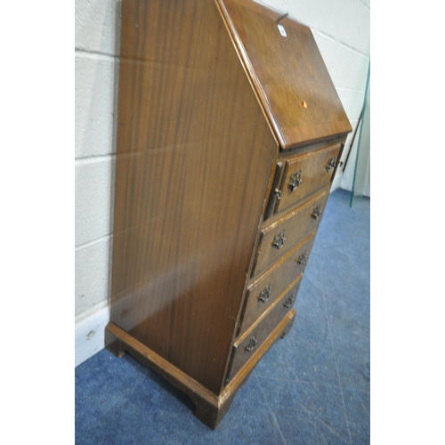 264 - A 20TH CENTURY MAHOGANY AND BURR WALNUT BUREAU, the fall front door enclosing a fitted interior, ove... 