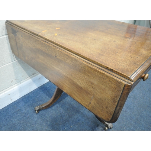 265 - A GEORGIAN MAHOGANY DROP LEAF PEMBROKE TABLE, with a single frieze drawer, raised on a single pedest... 