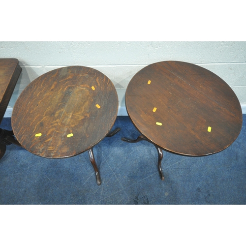 266 - THREE TRIPOD TABLES, comprising a square top table, and two circular tables, largest table 61cm squa... 