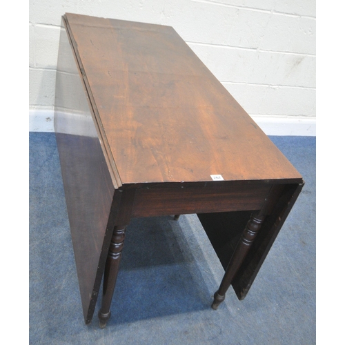 267 - A GEORGIAN MAHOGANY DROP LEAF TABLE, raised on cylindrical turned legs, open width 172cm x closed wi... 