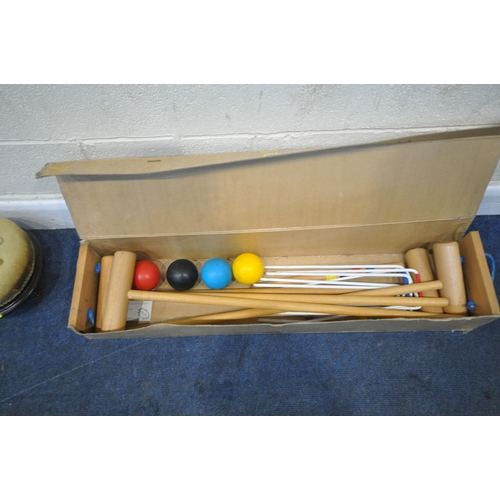 268 - A CROQUET SET, with four hammers, four balls, and six wickets, along with a gilt frame mirror, and a... 