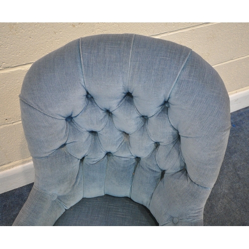 273 - CORNELIUS V SMITH, A VICTORIAN BUTTONED SPOON BACK CHAIR, with blue upholstery, raised on turned fro... 