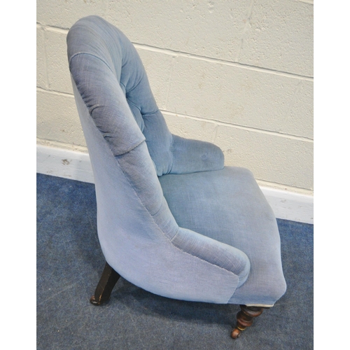 273 - CORNELIUS V SMITH, A VICTORIAN BUTTONED SPOON BACK CHAIR, with blue upholstery, raised on turned fro... 