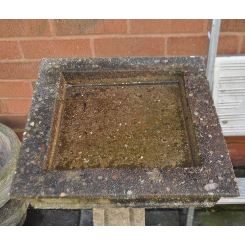 4 - A LATE 20th CENTURY CONCRETE BIRD BATH with a square bowl, tapered square column and square base hei... 