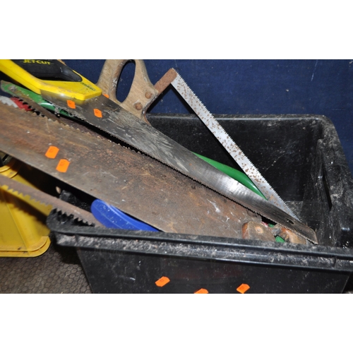 54 - TWO TRAYS CONTAINING TOOLS including various hasp and staples, padlocks, locks, saws, trowels, axes ... 