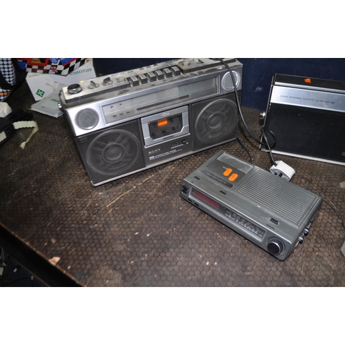 69 - A COLLECTION OF VINTAGE PORTABLE STEREOS AND A CLOCK RADIO, including Sony CF-400L and CFS-71L (work... 