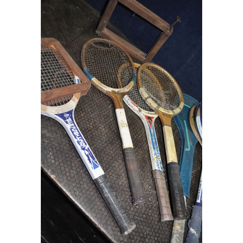 83 - A COLLECTION OF VINTAGE SPORTING EQUIPMENT, including a Dunlop Blue Flash, a Dunlop Blue flash junio... 