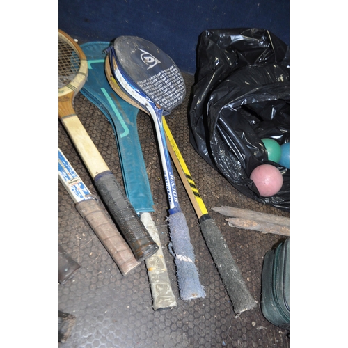 83 - A COLLECTION OF VINTAGE SPORTING EQUIPMENT, including a Dunlop Blue Flash, a Dunlop Blue flash junio... 